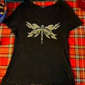 INC Dragonfly V Neck Tee Shirt Sz XL